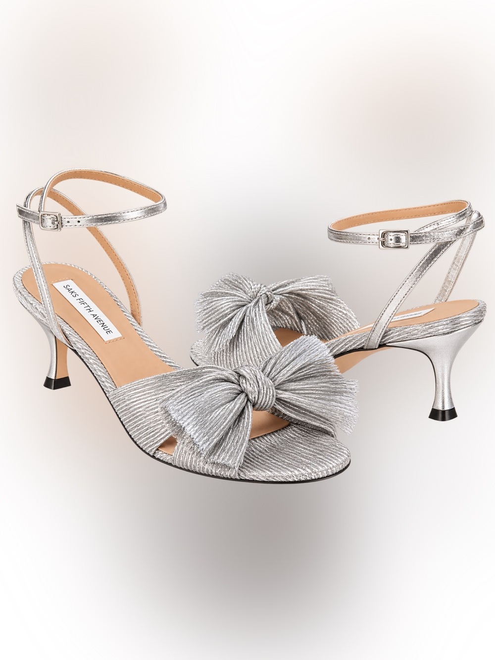 Saks Fifth Avenue Sammy Silver Pleated Bow Kitten Heel Sandals Size 6.5 ✨